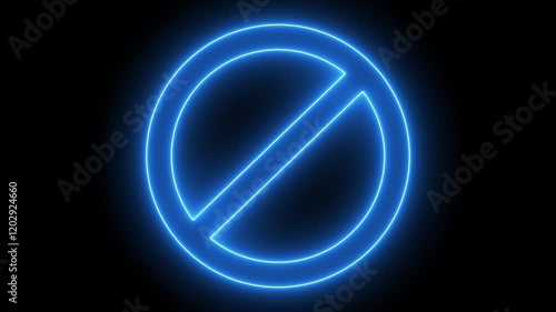 blue color neon glowing line ban icon animation stop wrong problem attention carful warning animated sign symbol on black background  photo