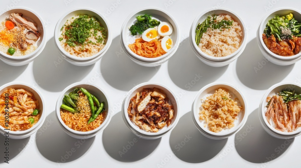 A vibrant array of gourmet dishes served in white bowls, showcasing diverse flavors and textures A vibrant array of gourmet dishes served in white bowls, showcasing diverse flavors and textures