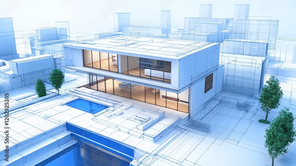 Modern Home Architectural Blueprint with Swimming Pool Modern Home Architectural Blueprint with Swimming Pool