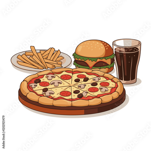 Vector illustration set of fast food icons featuring hamburgers, cheeseburgers, hotdogs, pizza, and sandwiches with buns, meat, cheese, lettuce, and tomato