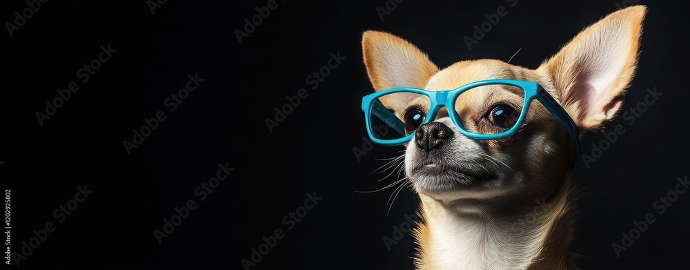 A cute Chihuahua dog wearing blue glasses against a black background, a minimalist concept for pet photography A cute Chihuahua dog wearing blue glasses against a black background, a minimalist concept for pet photography