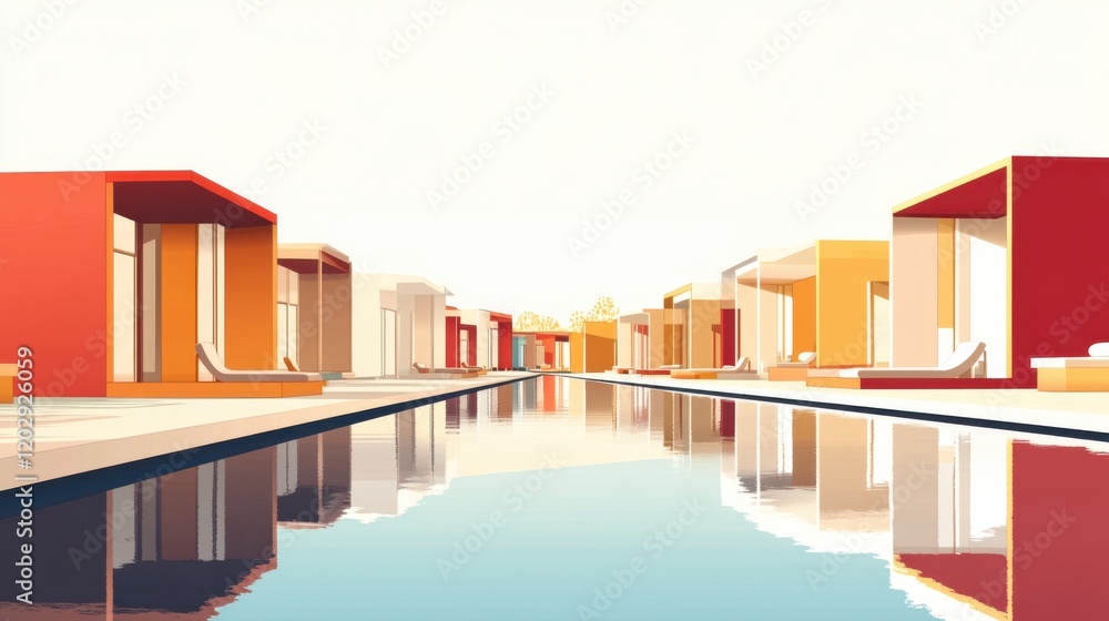 Fototapeta premium Modern architectural design of colorful villas lining a serene pool reflecting the sky