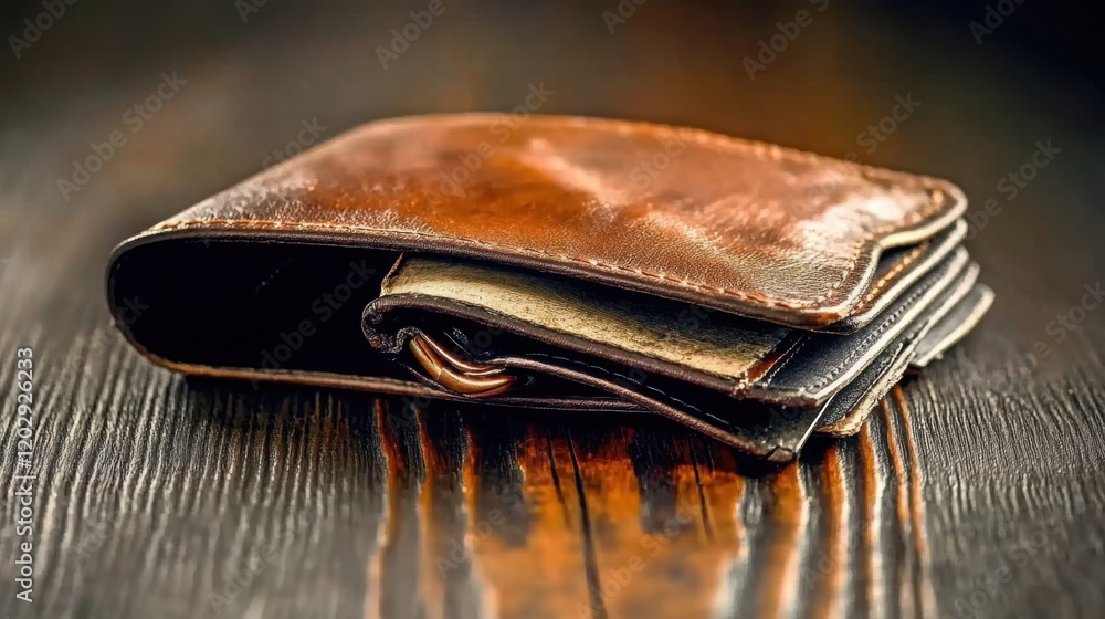 Worn-out wallet on wooden table, symbolizing financial hardship and economic challenges in everyday life.