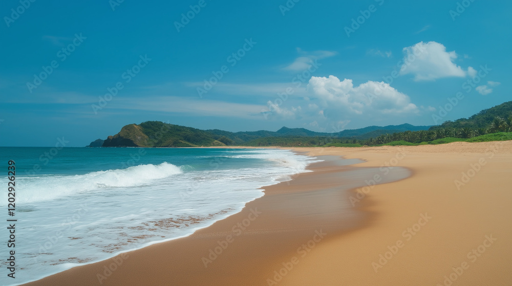 Tropical Sandy Beach with Soft Blue Ocean Waves and Clear Water