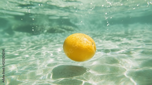 A yellow lemon is floating in the water © Yopi