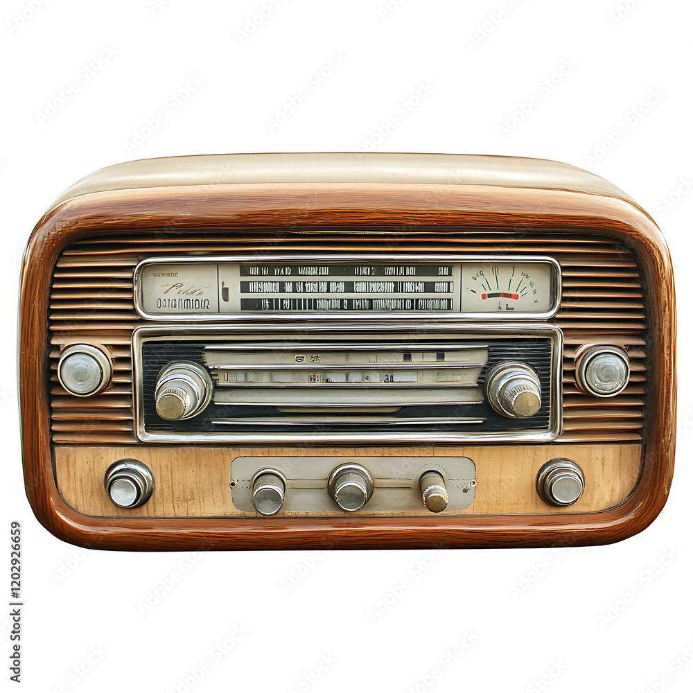 Fototapeta premium Vintage wooden radio with analog dials and controls.