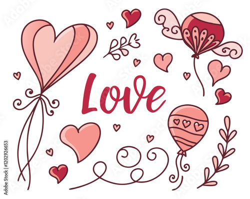 valentine's day doodles, hand-drawn hearts, love lettering, red and white color scheme, balloon illustrations, romantic sketches, whimsical designs, cupid's arrows, swirling lines, playful heart