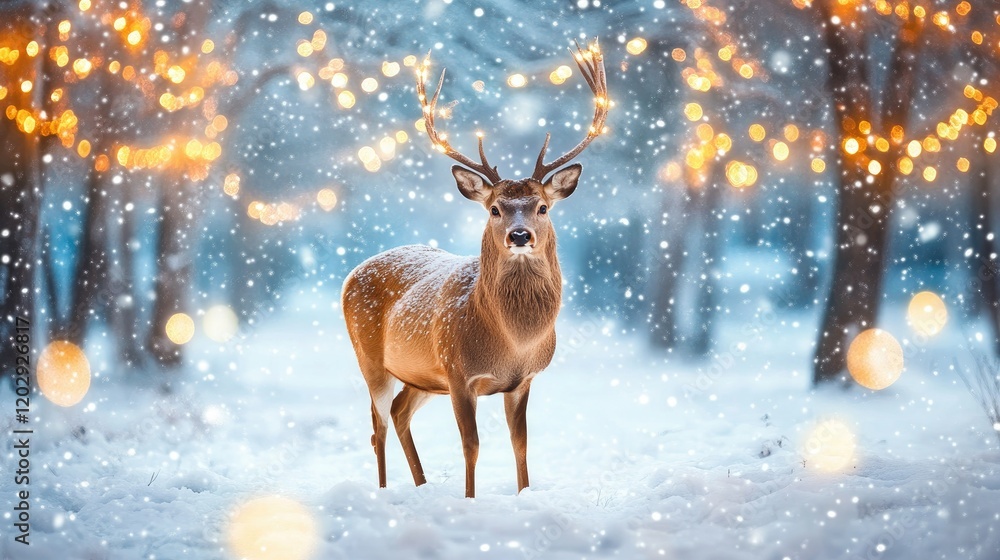 A serene winter scene featuring a lone deer with antlers standing in a snowy forest. A serene winter scene featuring a lone deer with antlers standing in a snowy forest.