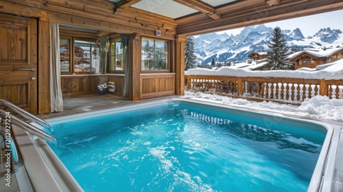 Wallpaper Mural Luxurious indoor hot tub with mountain views.  Wooden chalet style structure, covered patio, and snowy Alps backdrop.  Tranquil relaxation space. Torontodigital.ca