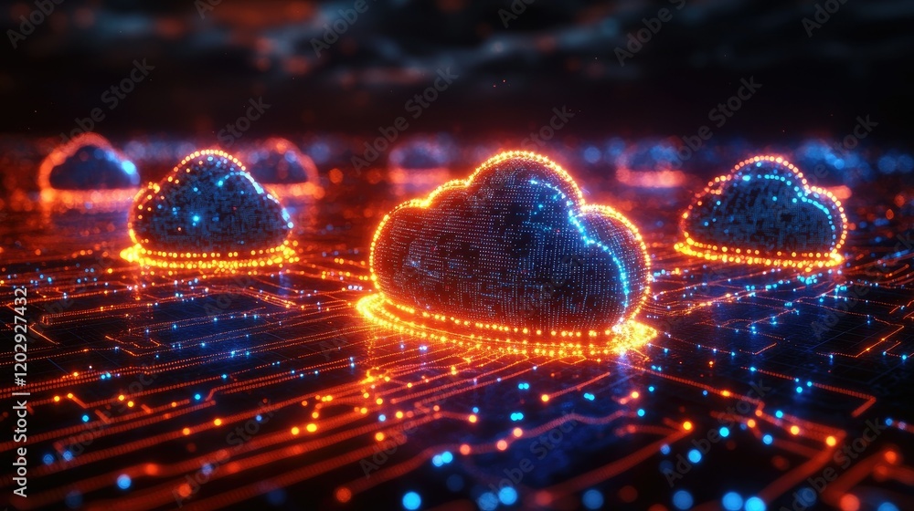 Digital clouds with glowing circuits, representing cloud computing and data storage technology. Digital clouds with glowing circuits, representing cloud computing and data storage technology.