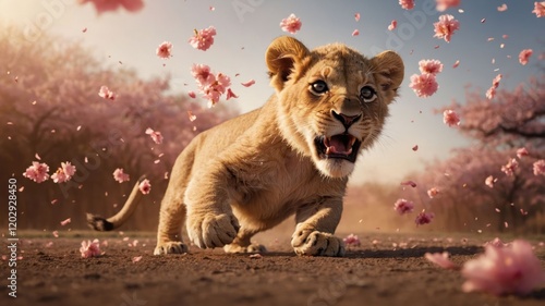 A playful lion cub surrounded by cherry blossoms in a vibrant, natural setting.