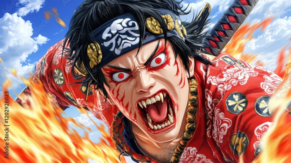 A fierce warrior in a vibrant outfit charges through flames, showcasing intense facial expressions and traditional attire. A fierce warrior in a vibrant outfit charges through flames, showcasing intense facial expressions and traditional attire.