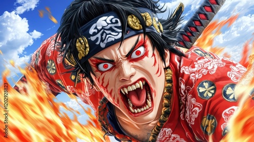 A fierce warrior in a vibrant outfit charges through flames, showcasing intense facial expressions and traditional attire.