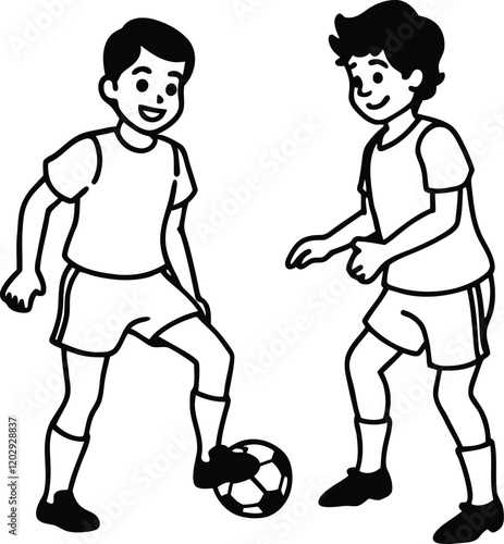 Young boys playing soccer silhouette vector illustration, Young boys playing soccer line art vector, Young boys playing soccer vector icon design