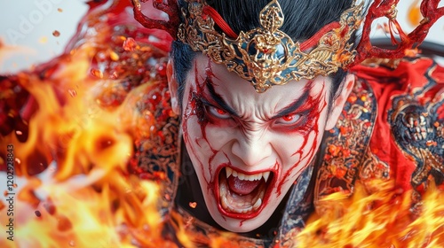 A fierce character with fiery elements, dramatic makeup, and a regal costume, exuding an intense, supernatural energy.