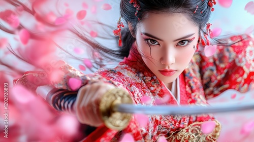 A fierce warrior woman in traditional attire wields a sword amidst blooming cherry blossoms, embodying strength and beauty.