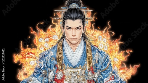 A majestic figure in traditional attire radiates power amidst fiery elements, capturing a blend of elegance and strength.