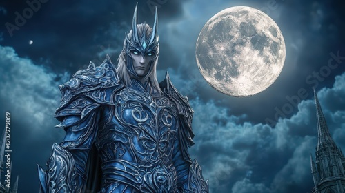 A dark, armored figure stands majestically under a full moon, surrounded by eerie clouds, exuding power and mystery.
