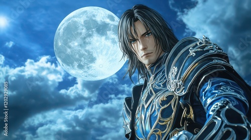 A fantasy warrior stands under a full moon, adorned in ornate armor, exuding a powerful and mysterious aura amidst a dramatic sky.