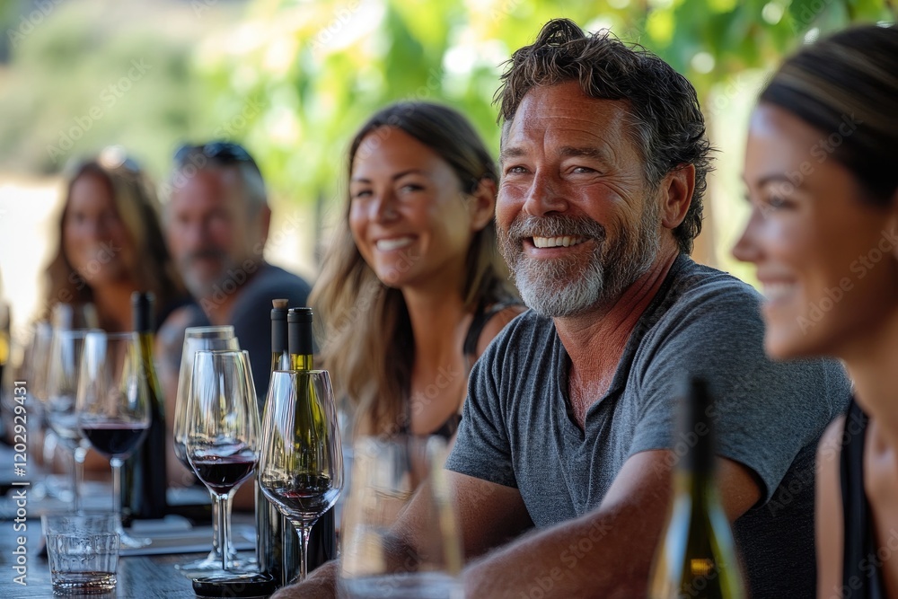 Winemakers smiling during wine tasting at vineyard table Winemakers smiling during wine tasting at vineyard table