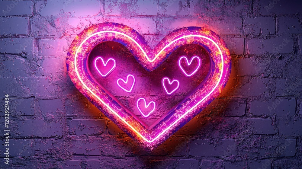 Neon heart sign glowing on brick wall