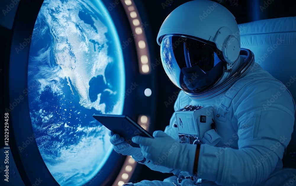 An astronaut in space using a tablet, with Earth visible through a window.