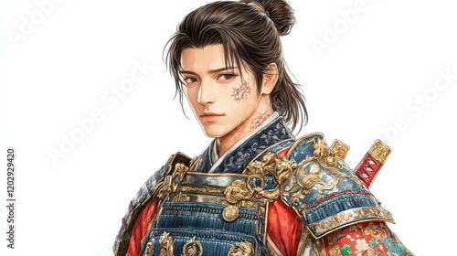 A warrior in ornate armor, featuring a traditional hairstyle and intricate details, exuding strength and elegance.