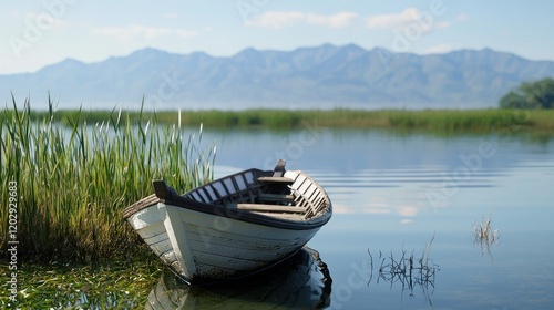 Serene Lake with Small Boat and Mountains