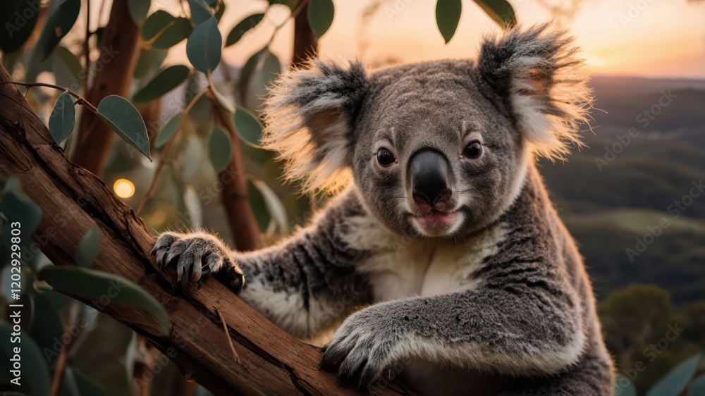 Fototapeta premium A koala perched on a tree branch during sunset, showcasing its natural habitat.