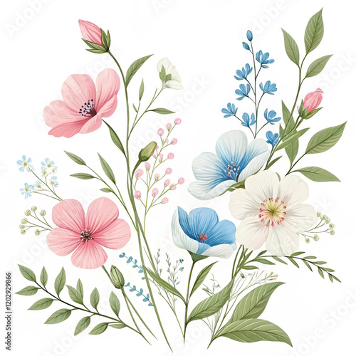 Wallpaper Mural Pink, blue, and white flowers and green leaves and grasses isolated on a white background. Set of vector floral design elements Torontodigital.ca
