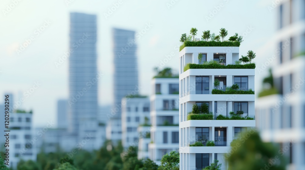 Fototapeta premium Modern buildings with greenery on rooftops, showcasing urban architecture and sustainable design in a cityscape.
