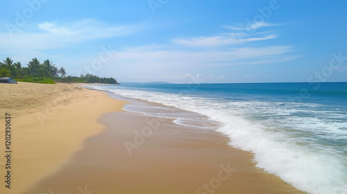 Tropical Sandy Beach with Soft Blue Ocean Waves and Clear Water