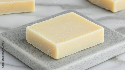 A smooth, square soap bar rests on a gray stone surface, showcasing its minimalist design and creamy color.