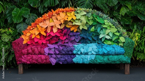 A vibrant, floral couch displays a rainbow of colors, adorned with various plants and flowers against a lush green backdrop.