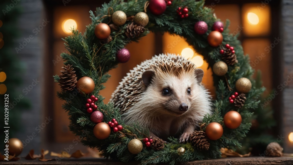 A hedgehog nestled in a festive wreath adorned with ornaments and pinecones. A hedgehog nestled in a festive wreath adorned with ornaments and pinecones.