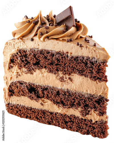 Delicious chocolate cake slice with creamy frosting and chocolate topping