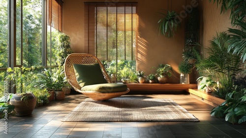 Serene indoor space featuring a suspended chair surrounded by lush greenery and natural light