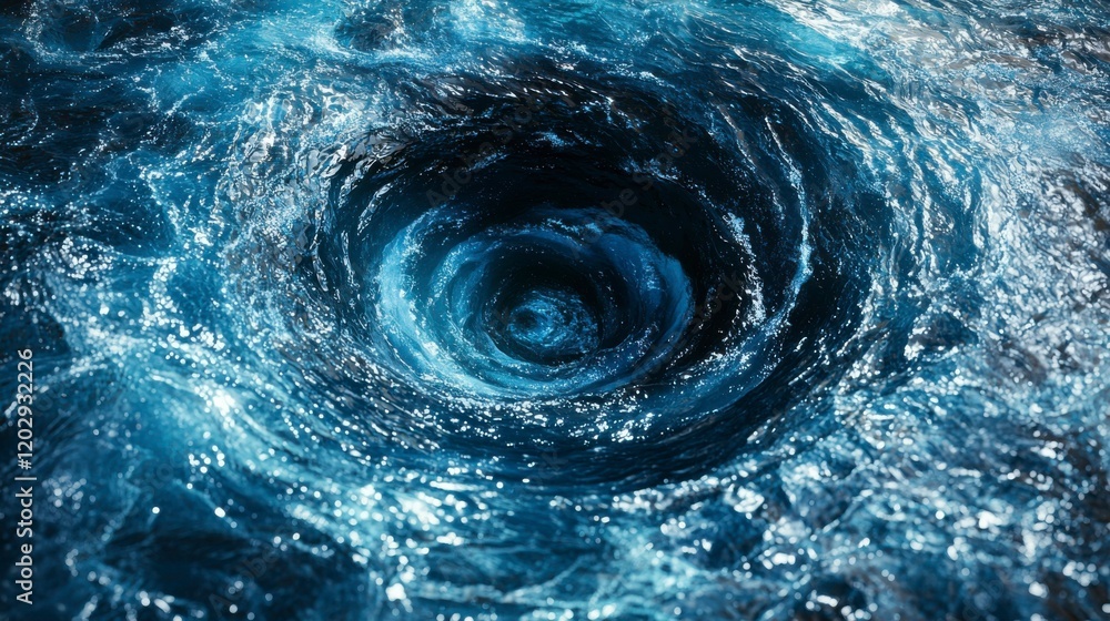Close-up of a vortex split view of blue ocean waters, revealing the captivating movement and rich textures of the surface with mesmerizing details. Close-up of a vortex split view of blue ocean waters, revealing the captivating movement and rich textures of the surface with mesmerizing details.