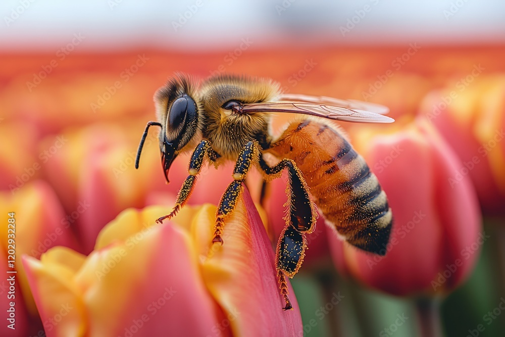 Fototapeta premium Honeybee pollinating orange tulips.