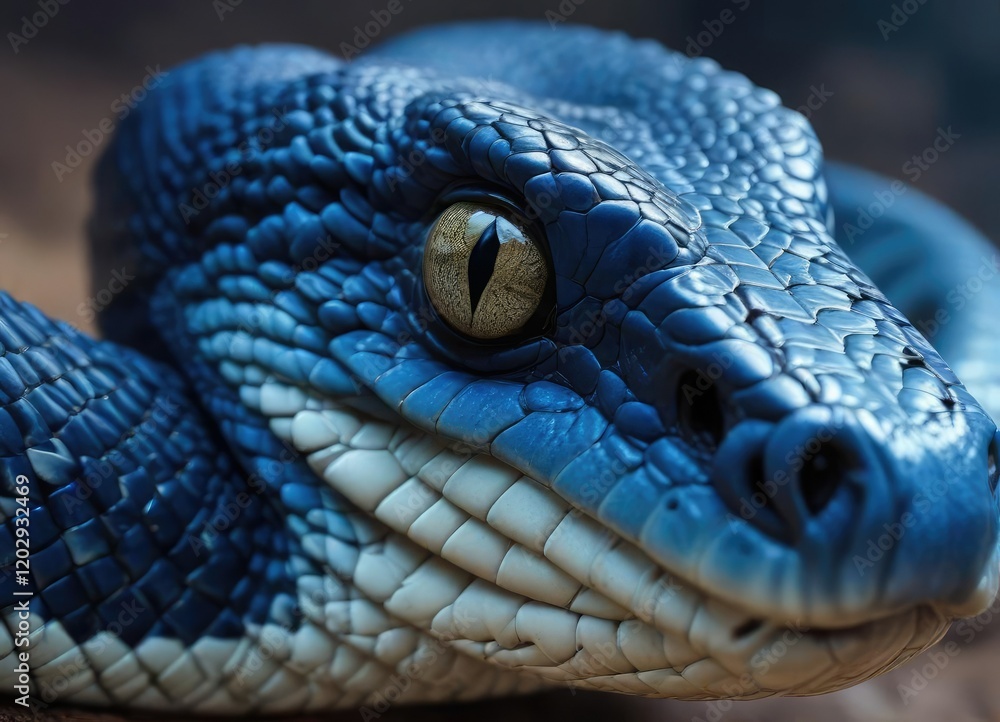 Fototapeta premium Close-up shot of a blue viper snake's face, showing its distinctive markings and expression, animal, close-up, reptile, wildlife