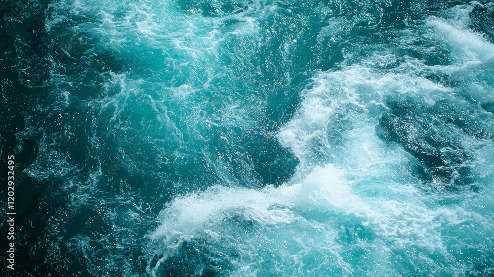 Fototapeta premium A close-up view of a vortex split on the oceanâ€™s blue surface, showcasing intricate swirling patterns and the vibrant energy of moving waters.