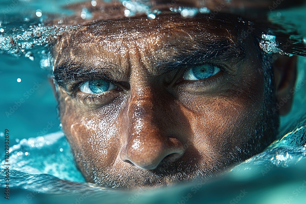 Close-up of a man's intense gaze underwater, highlighting his striking blue eyes and facial details. Close-up of a man's intense gaze underwater, highlighting his striking blue eyes and facial details.