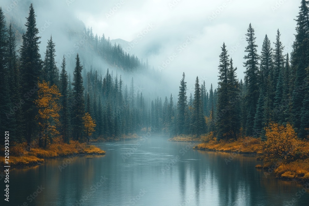 Calm lake reflecting autumn forest and cloudy sky in scandinavian landscape Calm lake reflecting autumn forest and cloudy sky in scandinavian landscape