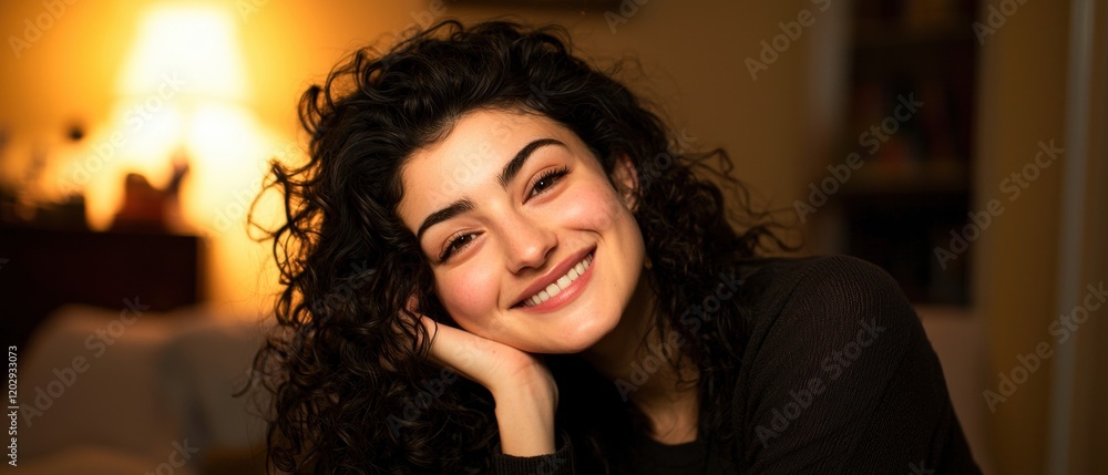 Fototapeta premium A smiling woman with curly hair rests her chin on her hand, radiating warmth and joy in a softly lit indoor setting.