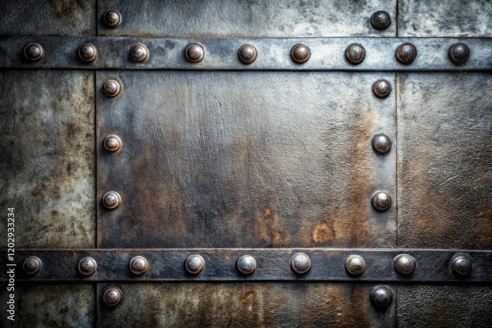 Fototapeta premium Close-up of rough metallic surface with visible rivets and bolts, textured, machine part, worn metal, rugged