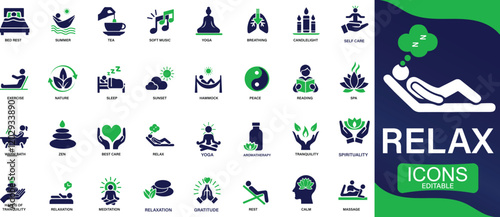 Relax icons set meditation, calm, relaxation, yoga, spa, , massage, peace, nature, You can easily change the color.