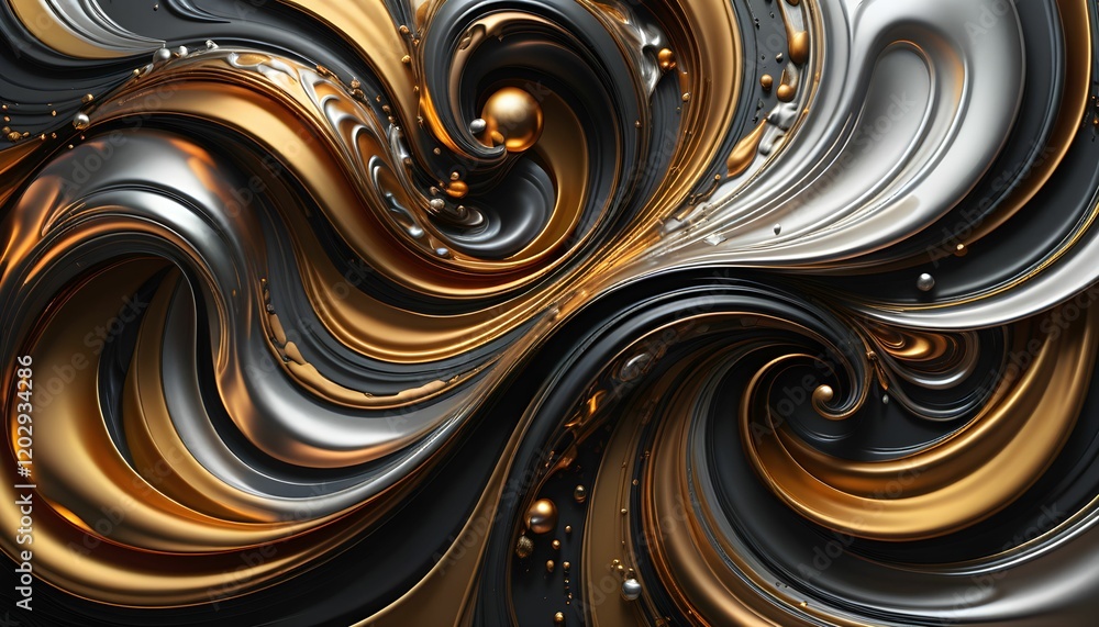 Abstract Swirling Metallic Forms in Gold, Silver, and Black Abstract Swirling Metallic Forms in Gold, Silver, and Black