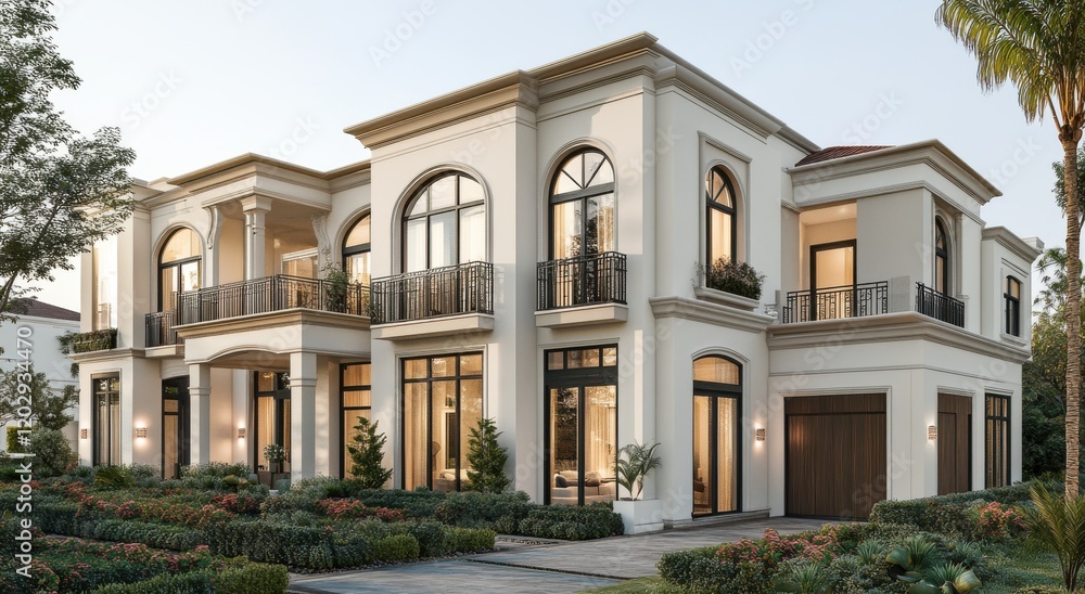 Elegant Modern Mansion Surrounded by Lush Landscaping, Featuring Large Windows, Balconies, and Contemporary Architectural Design in a Serene Suburban Neighborhood Elegant Modern Mansion Surrounded by Lush Landscaping, Featuring Large Windows, Balconies, and Contemporary Architectural Design in a Serene Suburban Neighborhood