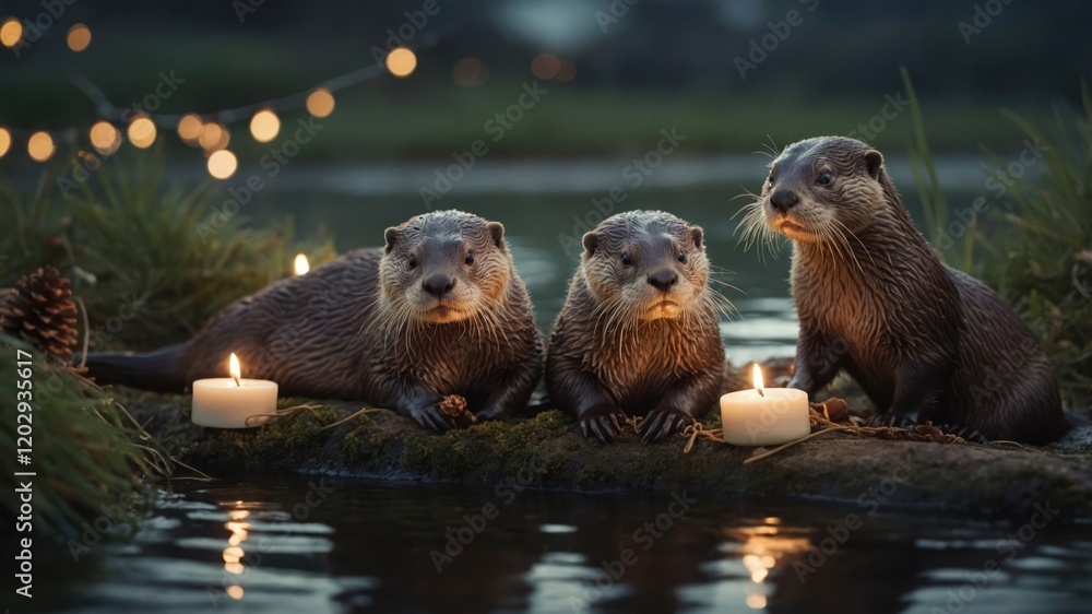 Three otters sitting by a serene water's edge with candles and fairy lights. Three otters sitting by a serene water's edge with candles and fairy lights.