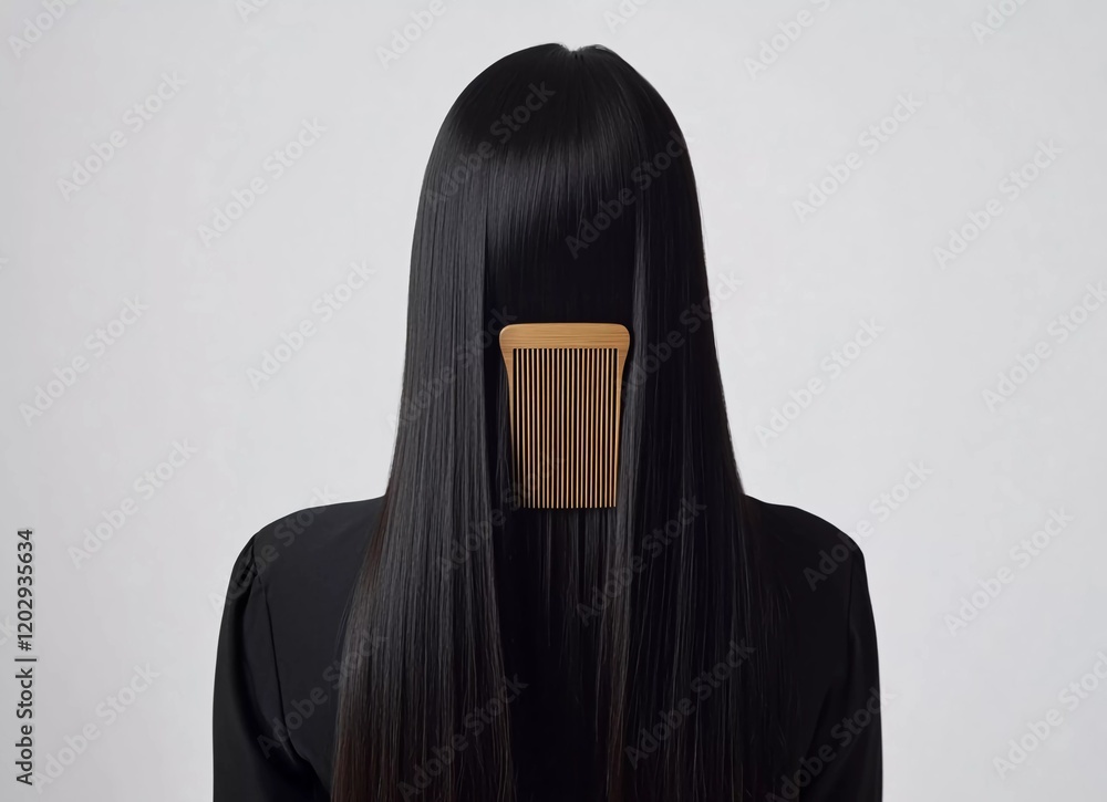 Young woman with long, straight hair using a wooden comb, isolated on a white background. Closeup view from behind. Young woman with long, straight hair using a wooden comb, isolated on a white background. Closeup view from behind.